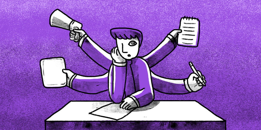 illustration of a man with multiple arms holding different items and sitting on his desk thinking