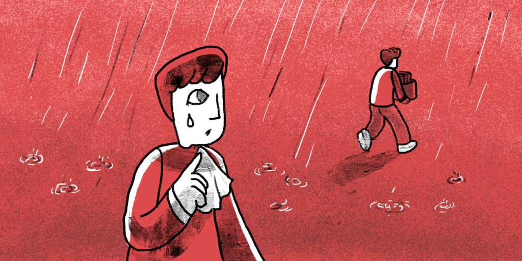 illustration of a man crying in the rain while watching another man walking away bringing all his things in a box