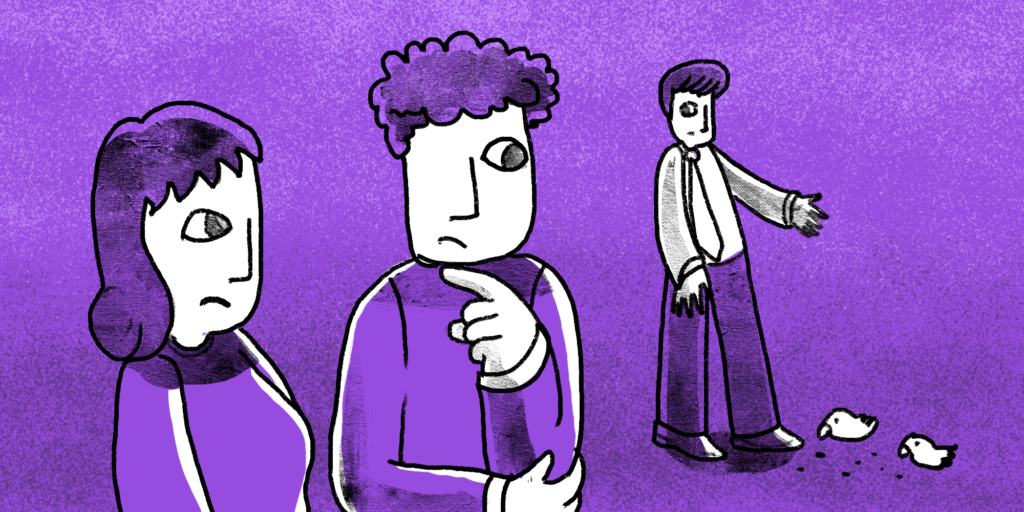 illustration of a man feeding some birds and looking back at a group of people looking at him