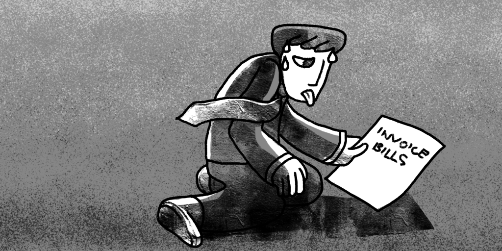 illustration of a sweating man sticking out his tongue at a paper labelled invoice bills