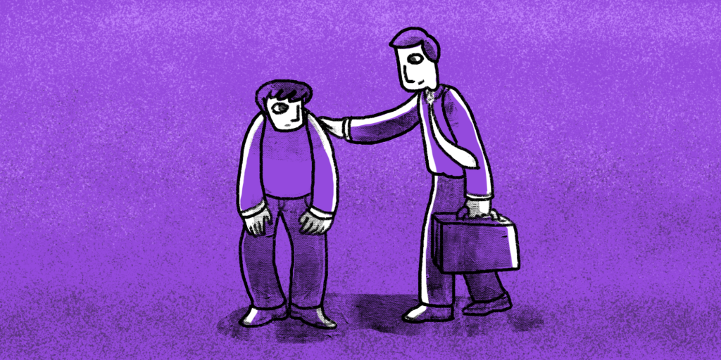 illustration of a man with slumped shoulders while a man in a business suit carrying a suitcase has a hand on his shoulder