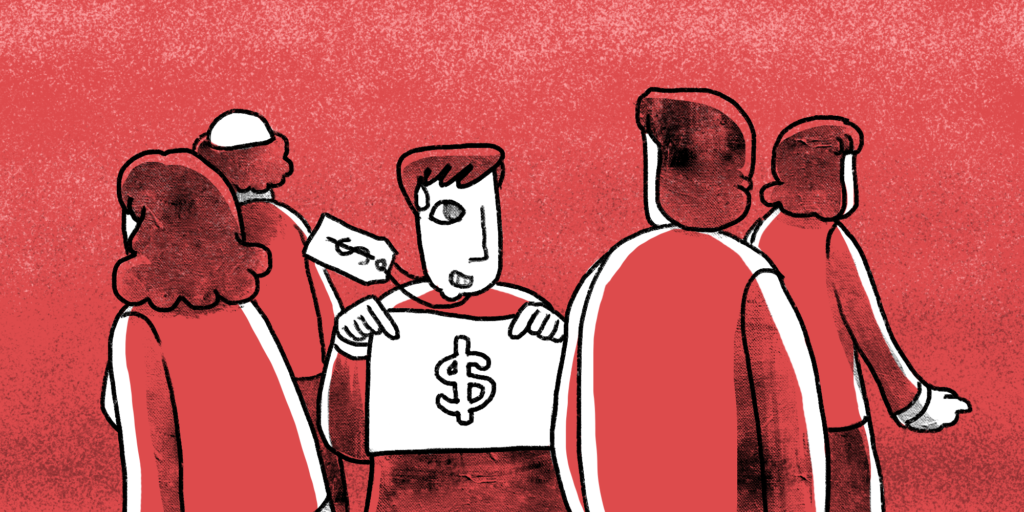 an illustration of a man wearing a price tag and holding a sign marked with a dollar showing it to the people around him