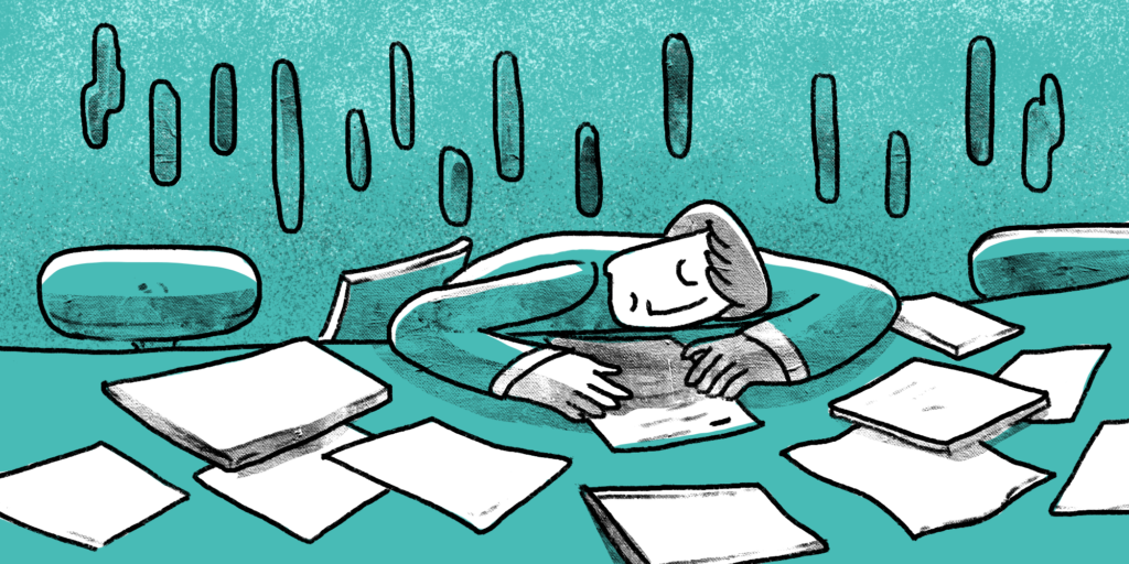 illustration of a man sleeping on his desk surrounded with a lot of documents
