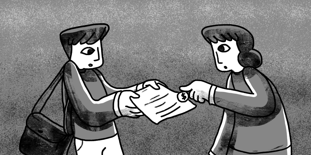 illustration of a man handing over a document to a lady giving him a coin