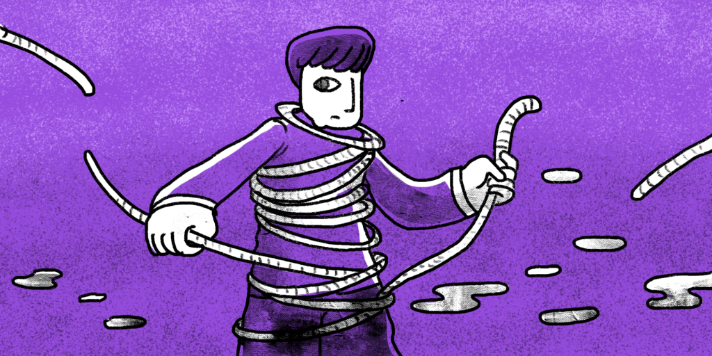 illustration of a man wrapped around with a rope