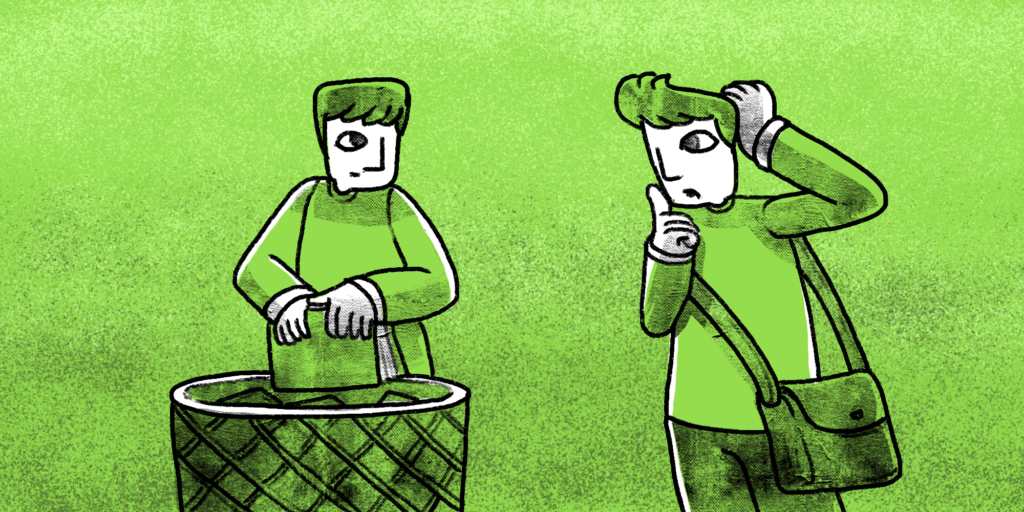 illustration of a man with a school bag scratching his head while looking at another man dumping his book in a trash bin