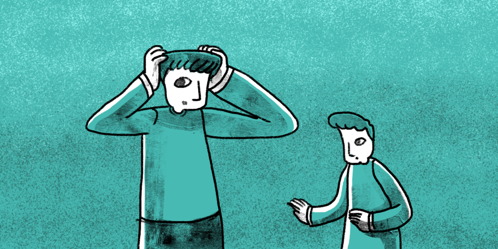 illustration of a man with both hands on the side of his head trying not to look at a man approaching him