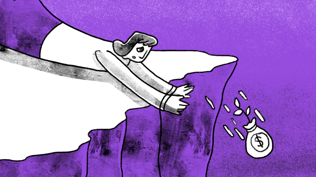 illustration of a woman trying to save a sack of money falling from a cliff