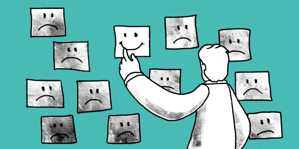 illustration of a man looking at smiley face and sad face pictures on a wall