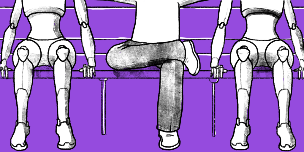 illustration showing the bottom half view a person sitting between two robots