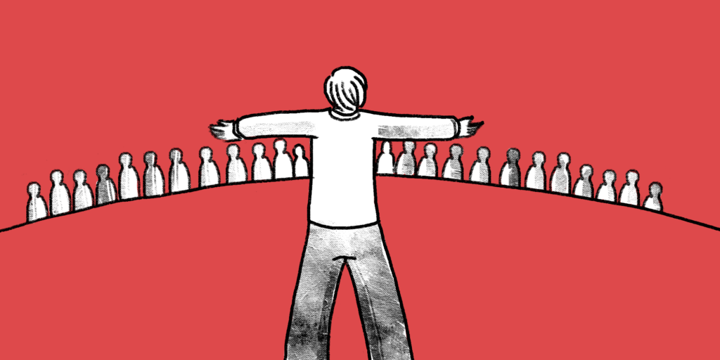 illustration of a man with outstretched arms facing a row of people