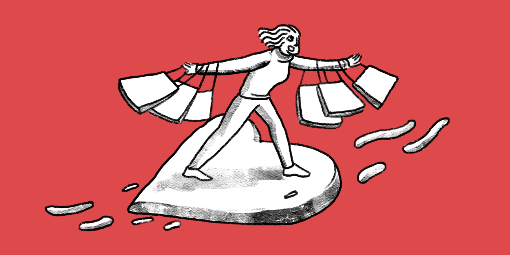 illustration of a woman with several shopping bags hanging from both arm, standing on a flat flying heart