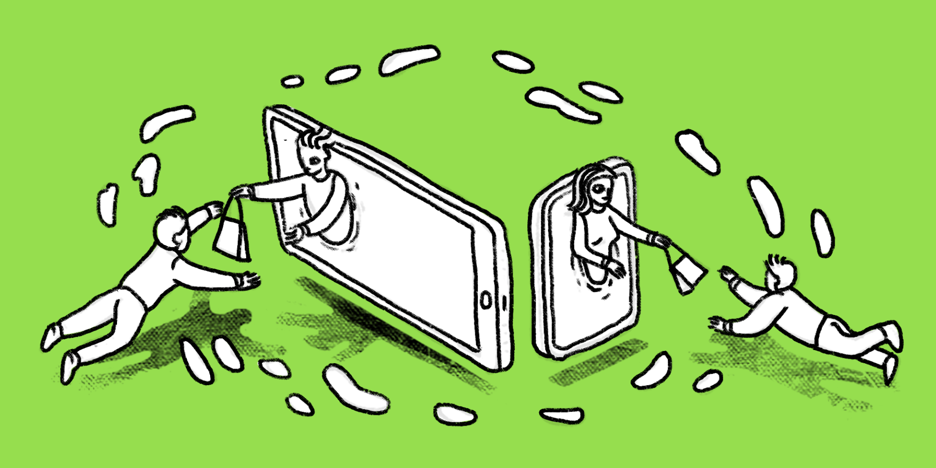 illustration of a man coming out of a mobile phone screen handing a bag to another man and a woman coming out of a screen handing another bag to another man, The buyer’s journey isn’t linear anymore main image