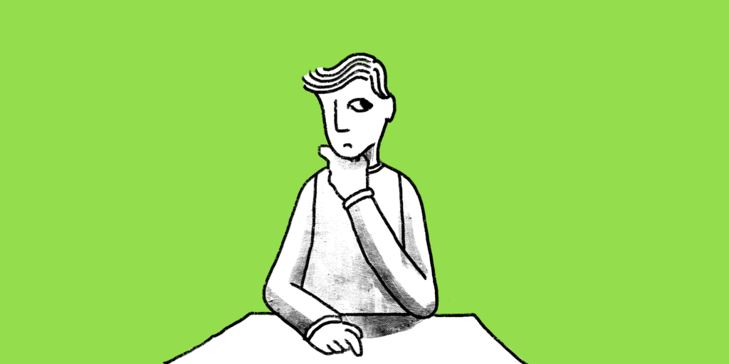 Illustration of a man seated at a desk with his hand to his chin in a thinking pose.